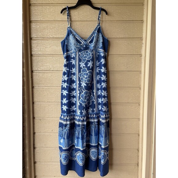 Caroline Constas womens Strappy Linen Long Maxi Dress size Large Blue Tropical - Picture 1 of 6
